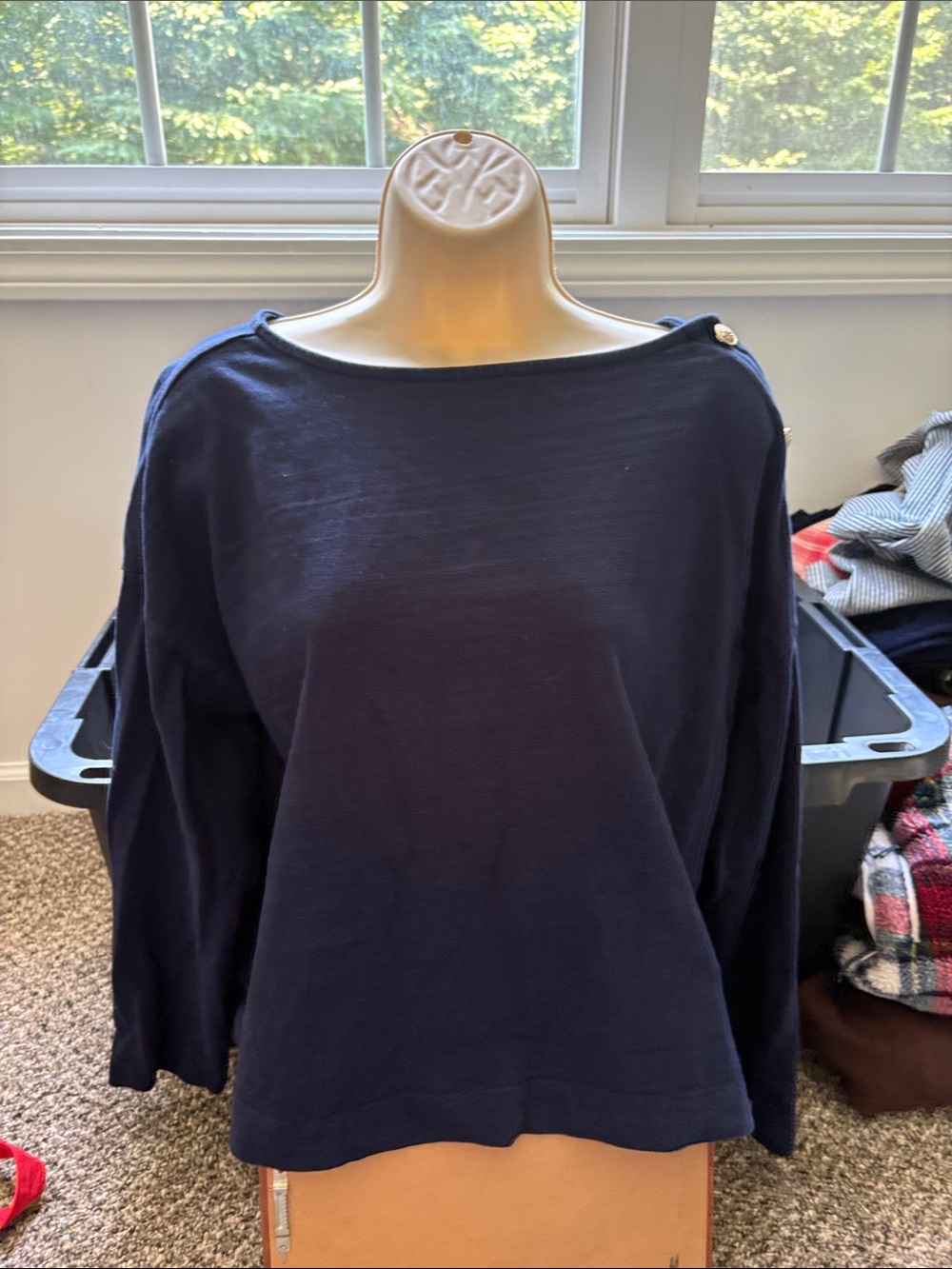 LOFT Navy Boatneck Button-Shoulder Long Sleeve Top